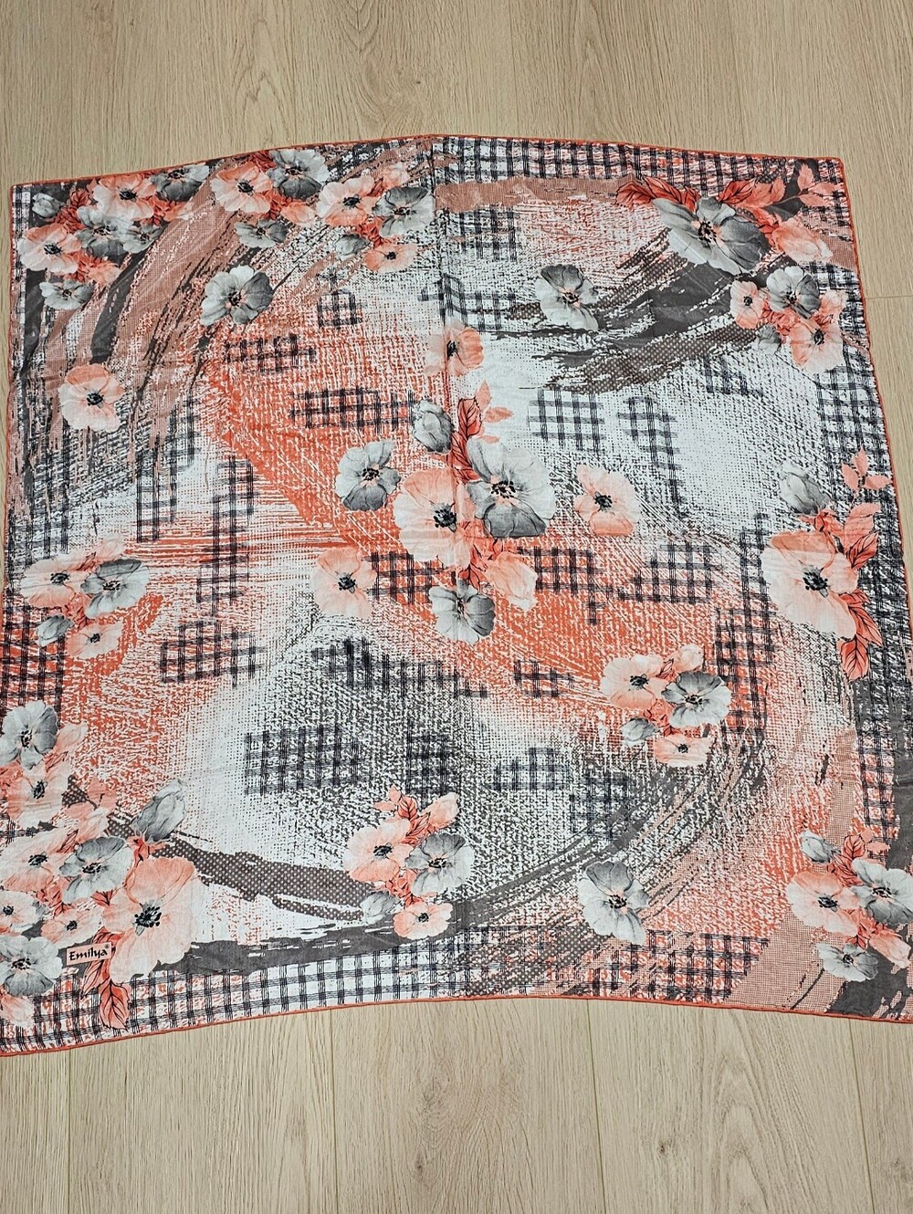 Emilya Large Square Scarf Floral Abstract Print Coral Gray Black 35 x 36